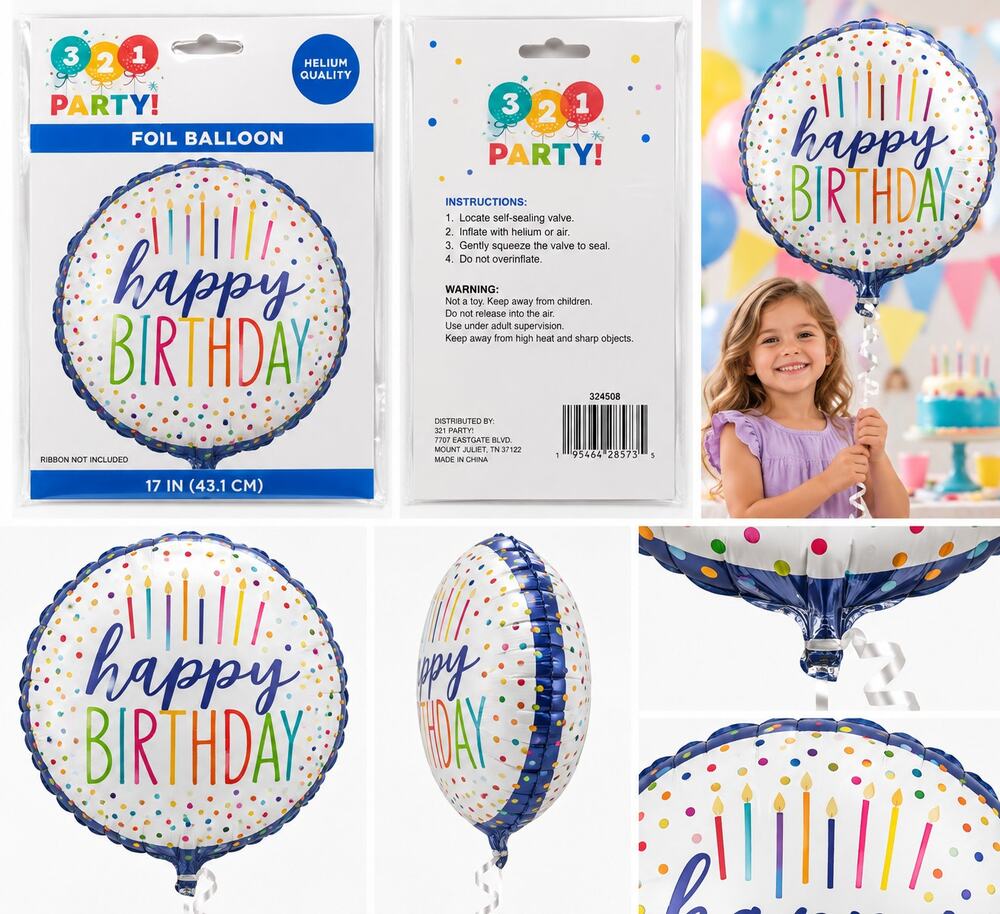 3-2-1 Party! Happy Birthday 17" Foil Balloon – Colorful Confetti & Candles